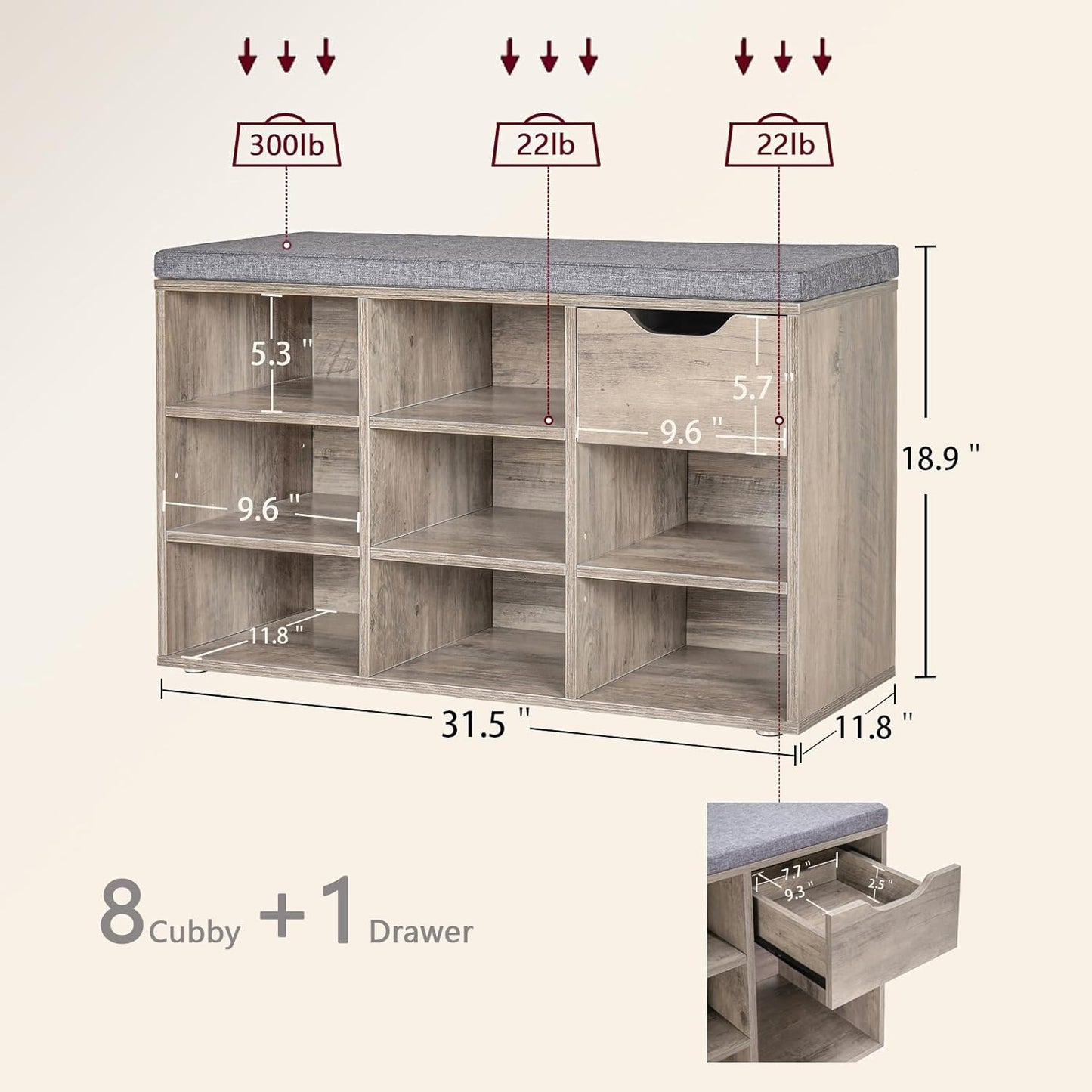 DINZI LVJ Shoe Bench,Entryway Storage Bench with Drawer and 8 Cubbies,Cubby Rack Adjustable Shelves,Shoe Organizer Cabinet for Living Room,Bedroom,Mudroom,Closet Garage,Greige