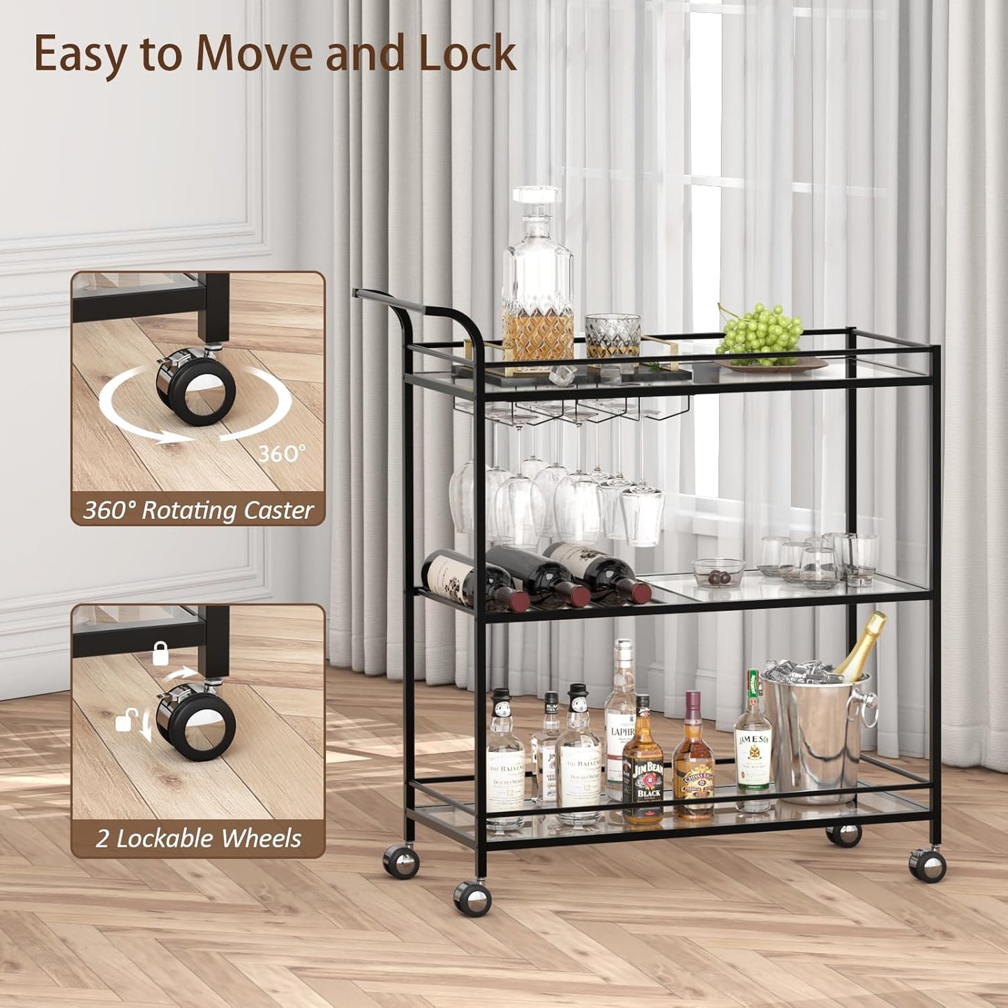 Black Bar Cart, Home Bar Serving Cart with Handle, Wine Cart with 3-Tier Glass Shelves, Beverage Cart with Wine Rack and Glass Holder, Bar Carts for The Home, Dining Room, Living Room