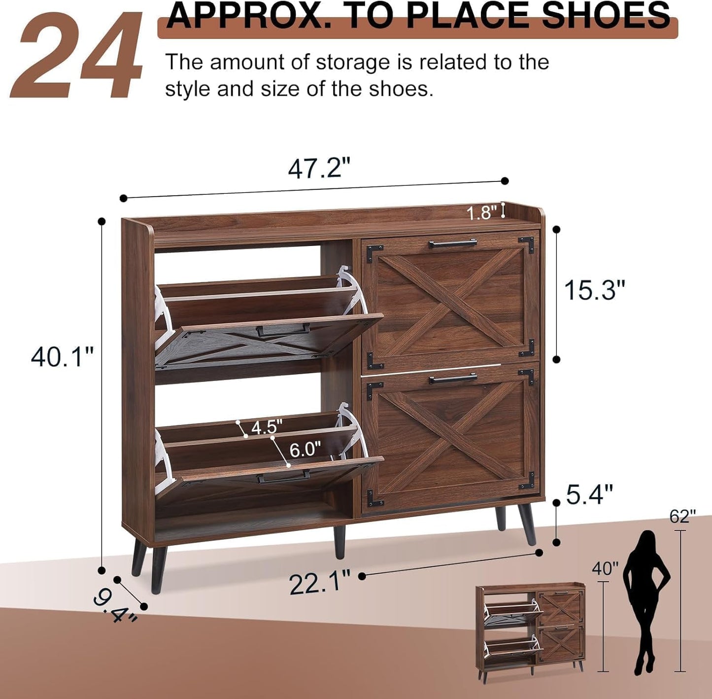 Shoe Storage Cabinet,Farmhouse Shoe Organizer with 4 Flip Drawers & Barn Door Design,Freestanding Hidden Slim Narrow Shoe Rack Cabinet for Entryway,Foyer,Hallway,Walnut