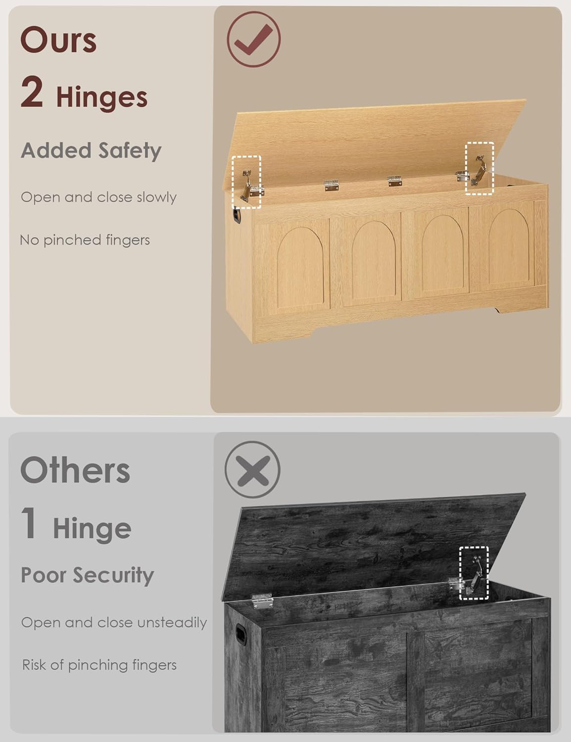 DINZI LVJ Storage Chest, 47.2”Wooden Storage Box with 2 Safety Hinges, Entryway Shoe Bench with Flip-Top, Large Trunk for Living Room, Bedroom, Easy Assembly, Natural