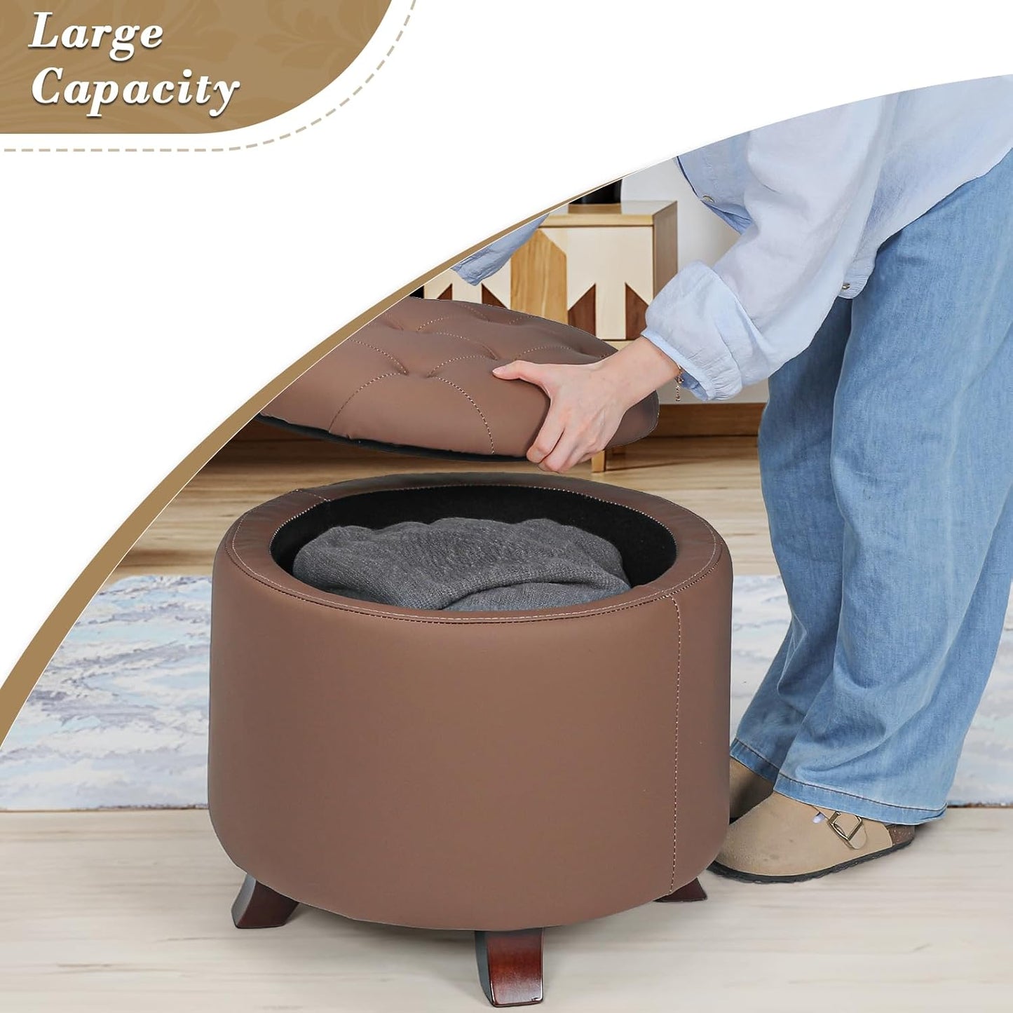 Athena Collection 20 Inch Small Ottoman with Storage, Round PU Leather Storage Ottoman with Removable Lid, Stylish Footstool Foot Rest for Living Room, Bedroom, Dorm, Brown