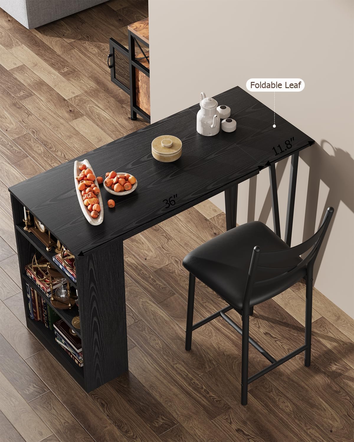 GAOMON 3 Piece Bar Table Set for 2, Bar Table and Chairs Set with with Flip Top Extension, Dining Table Set with Storage Shelves, Suitable for Small Space Kitchen Apartment, Black