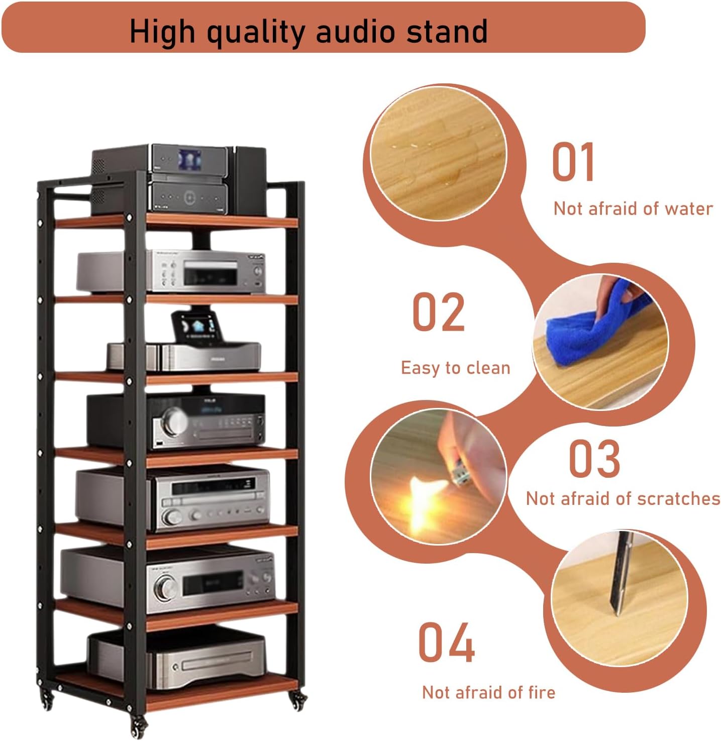 7 Tier Audio Rack Tower, CD Record Player Stereo Receiver AV Equipment Cabinet Display Rack, Weight capacity 661 lbs, with Adjustable Wooden Shelves for Home (TEAKWOOD, 7 TIER 55×19.7×15.7IN)