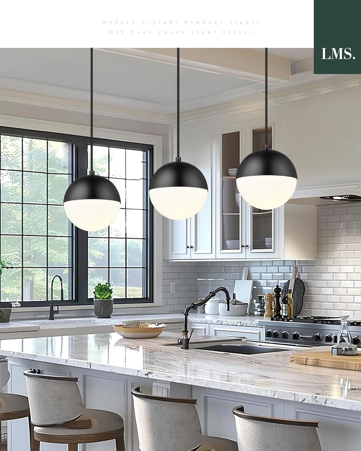 LMS Mid Century Pendant Lights, Matte Black Kitchen Island Light Fixtures with White Globe Glass Shade, Adjustable Hanging Cord, 3 Pack for Home Office Dining Room Bathroom, LMS-186PL-BKWS3PK