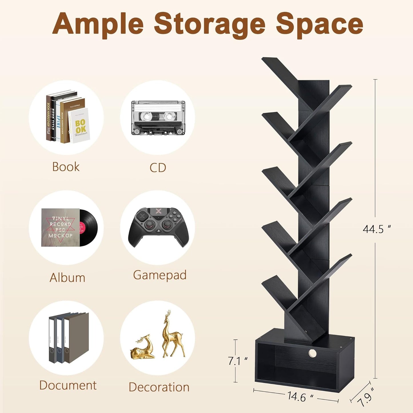 Hoctieon 9 Tier Tree Bookshelf, Tall Bookcase with Drawer, Wood Book Shelf, Modern Floor Standing Bookshelves, Book Organizer Shelves for Bedroom, Living Room, Home Office, Black