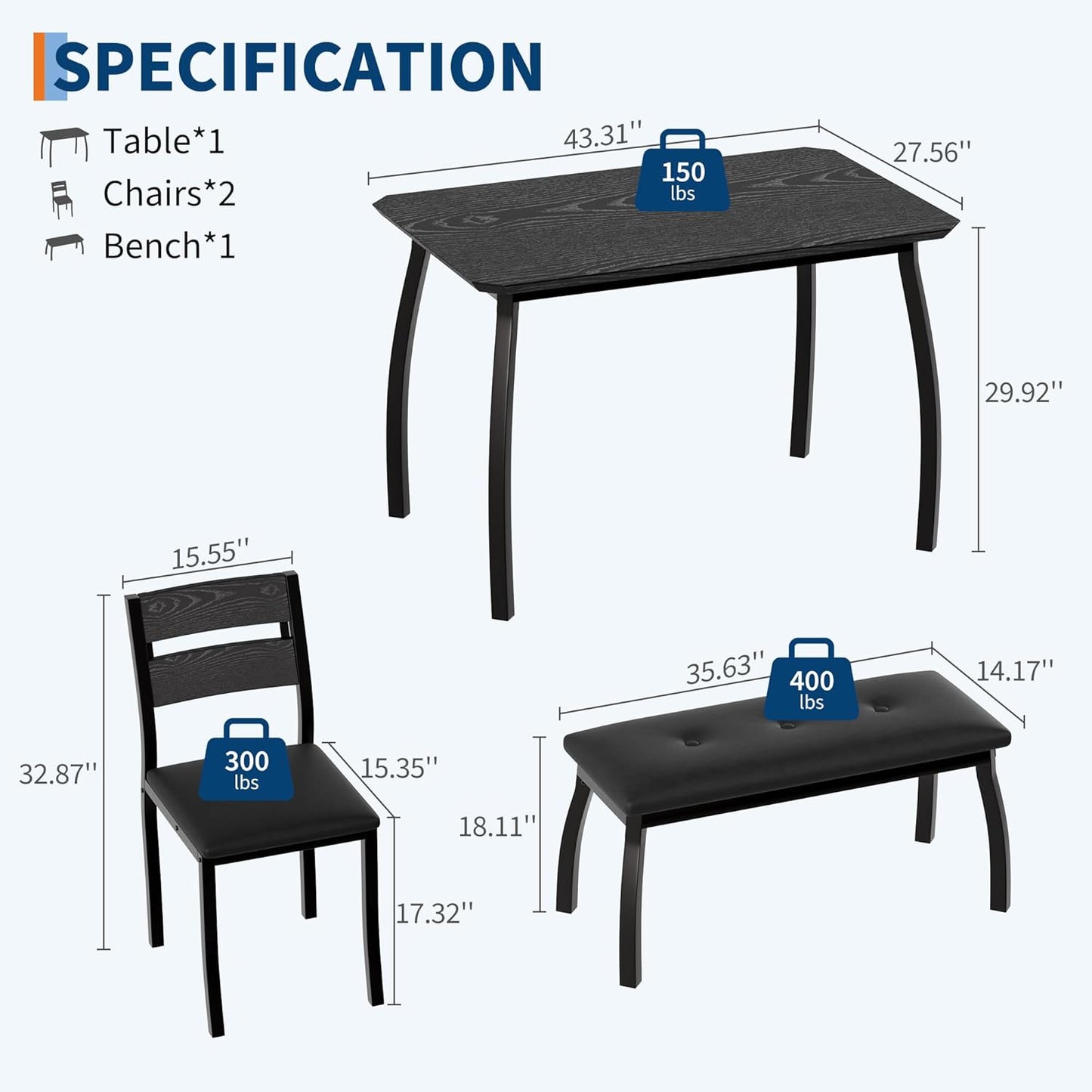 GAOMON Dining Table Set for 4, Wooden Kitchen Table with Upholstered Bench & 2 Cushion Chairs, Space-Saving Dinette Set for Studio, Kitchen, Dining Room, Apartment(43''x28''x30''), Black