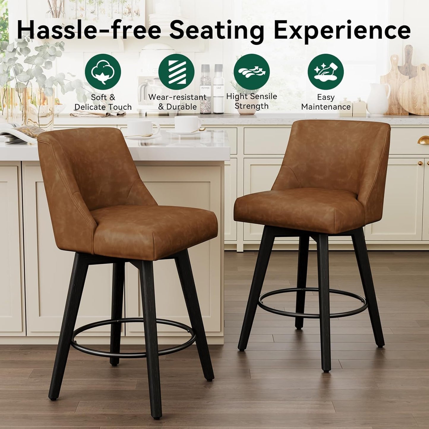 Vipbear Swivel Counter Height Bar Stools Set of 4,26.8" H Counter Stools with Back, Mid Century Modern Bar Stools for Kitchen Island,Faux Leather,Wooden Base, Brown