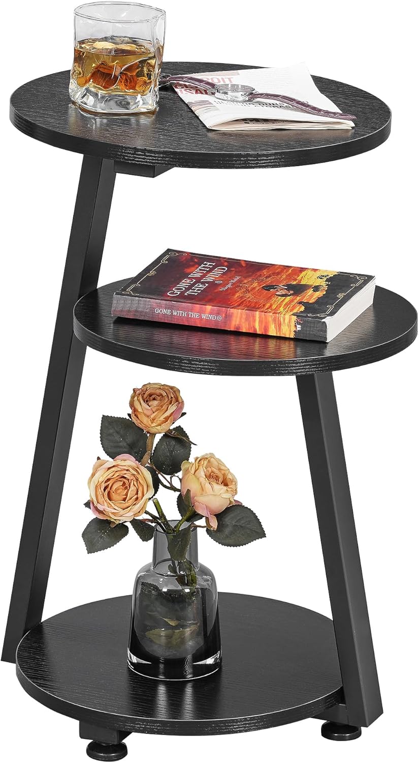BEWISHOME Round End Table Side Table with Metal Frame, Accent Nightstand Bedside Table with 3-Tier Shelves, Small Couch Table for Living Room Bedroom Black KTZ41B