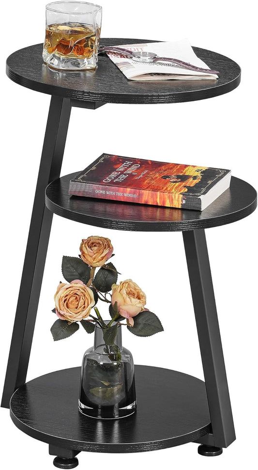 BEWISHOME Round End Table Side Table with Metal Frame, Accent Nightstand Bedside Table with 3-Tier Shelves, Small Couch Table for Living Room Bedroom Black KTZ41B