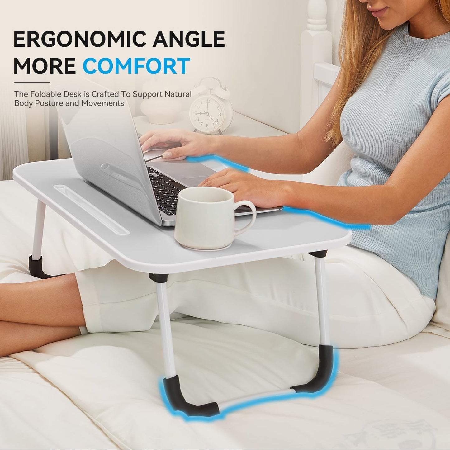 BUYIFY Folding Lap Desk, 23 Inch Portable Wood Grey Laptop Bed Desk Lap Desk with Cup Holder, for Working Reading Writing, Eating, Watching Movies for Bed Sofa Couch Floor