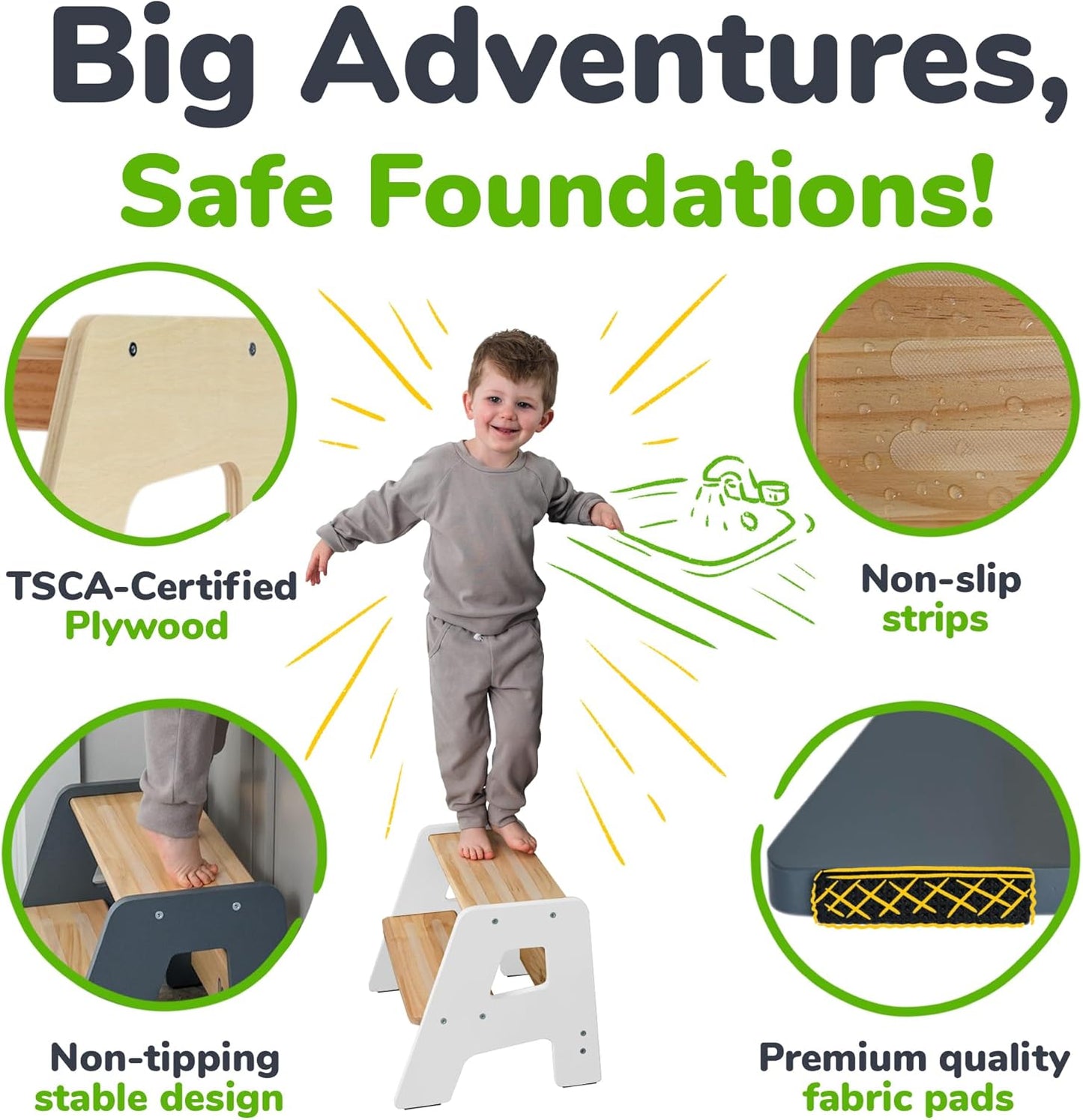 2-Step Wooden Step Stool for Toddlers | Kids Stool for Bathroom Sink & Kitchen Use | Non-Slip Step | Wooden Stool for Children Ages 2+ Years White