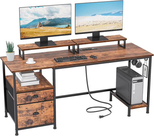 Furologee 55" Computer Desk with File Cabinet and Power Outlets, Home Office Desk with 2 Movable Monitor Stands and Storage Drawer, Writing Table with Shelves and 2 Hooks for Bedroom, Rustic Brown