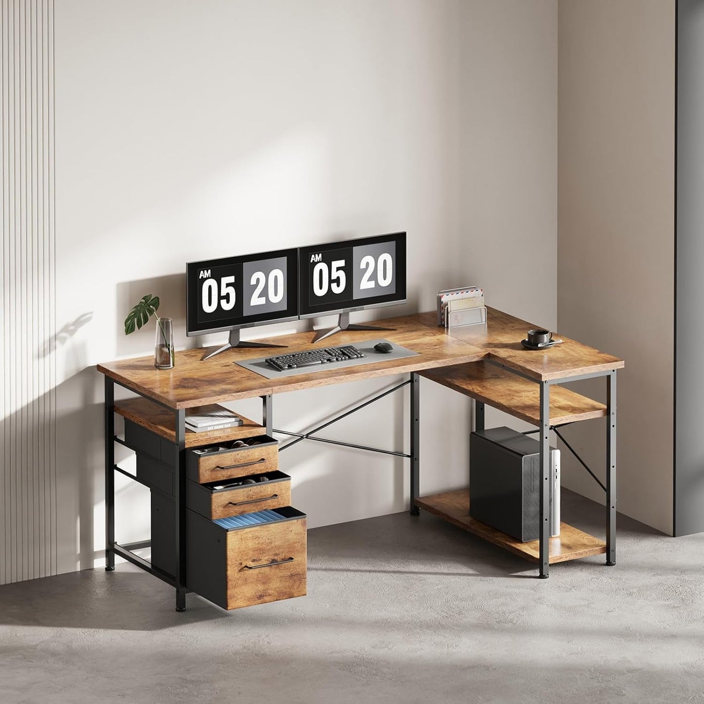 55" Computer Desk with Drawers, Desks for Bedrooms, Writing Desk with Storage, Work Desk for Small Space, Rustic Brown