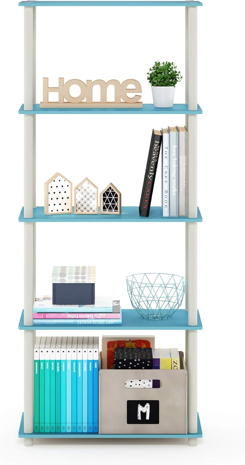 Furinno Turn-N-Tube 5-Tier Multipurpose Shelf / Display Rack / Storage Shelf / Bookshelf, Round Tubes, Light Blue/White