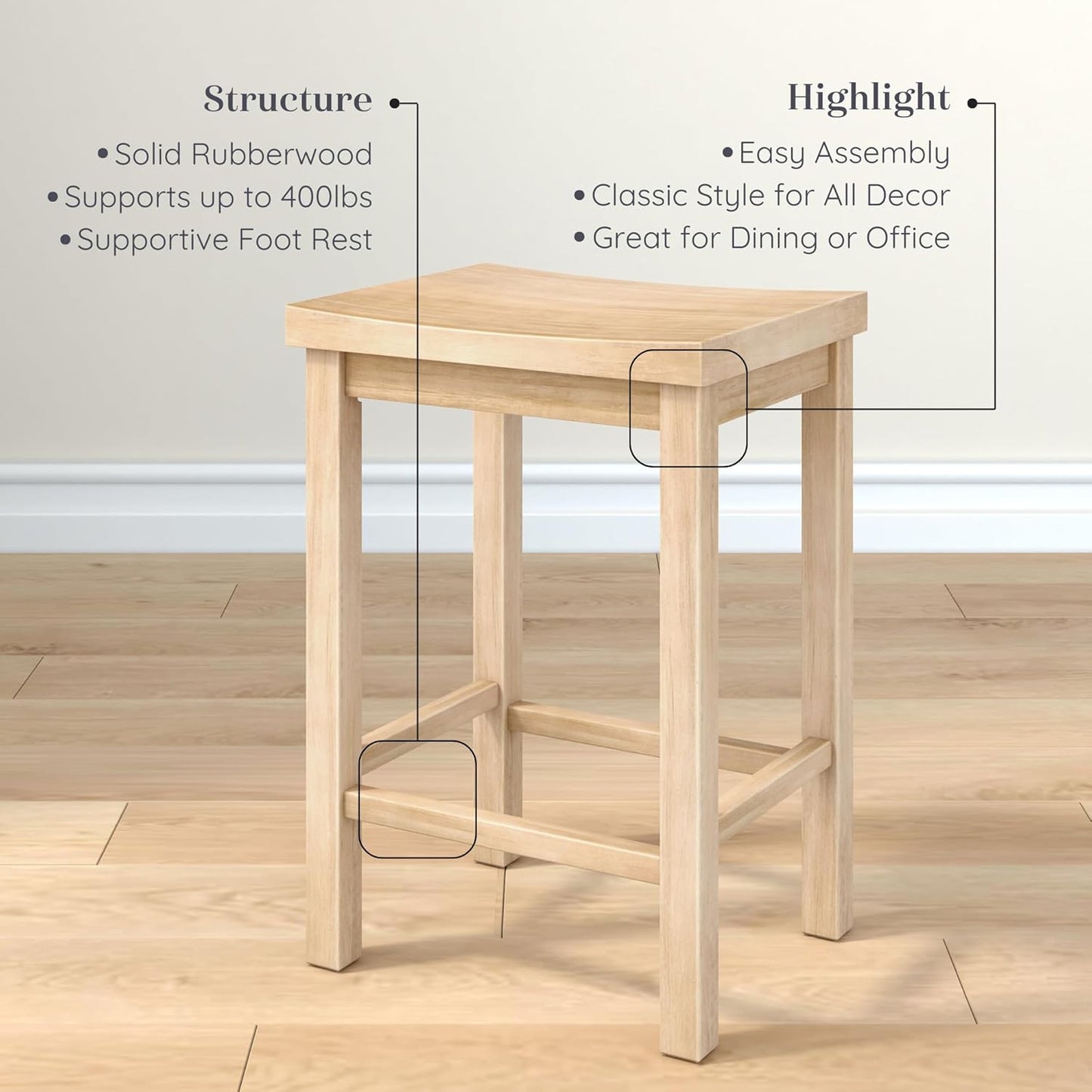 Grain & Grove Smith Collection Solid Wood Counter Height Bar Stool, 24-Inch Saddle Seat Backless Stool, Ideal for Kitchen Island, Dining, or Home Bar Seating, Blonde