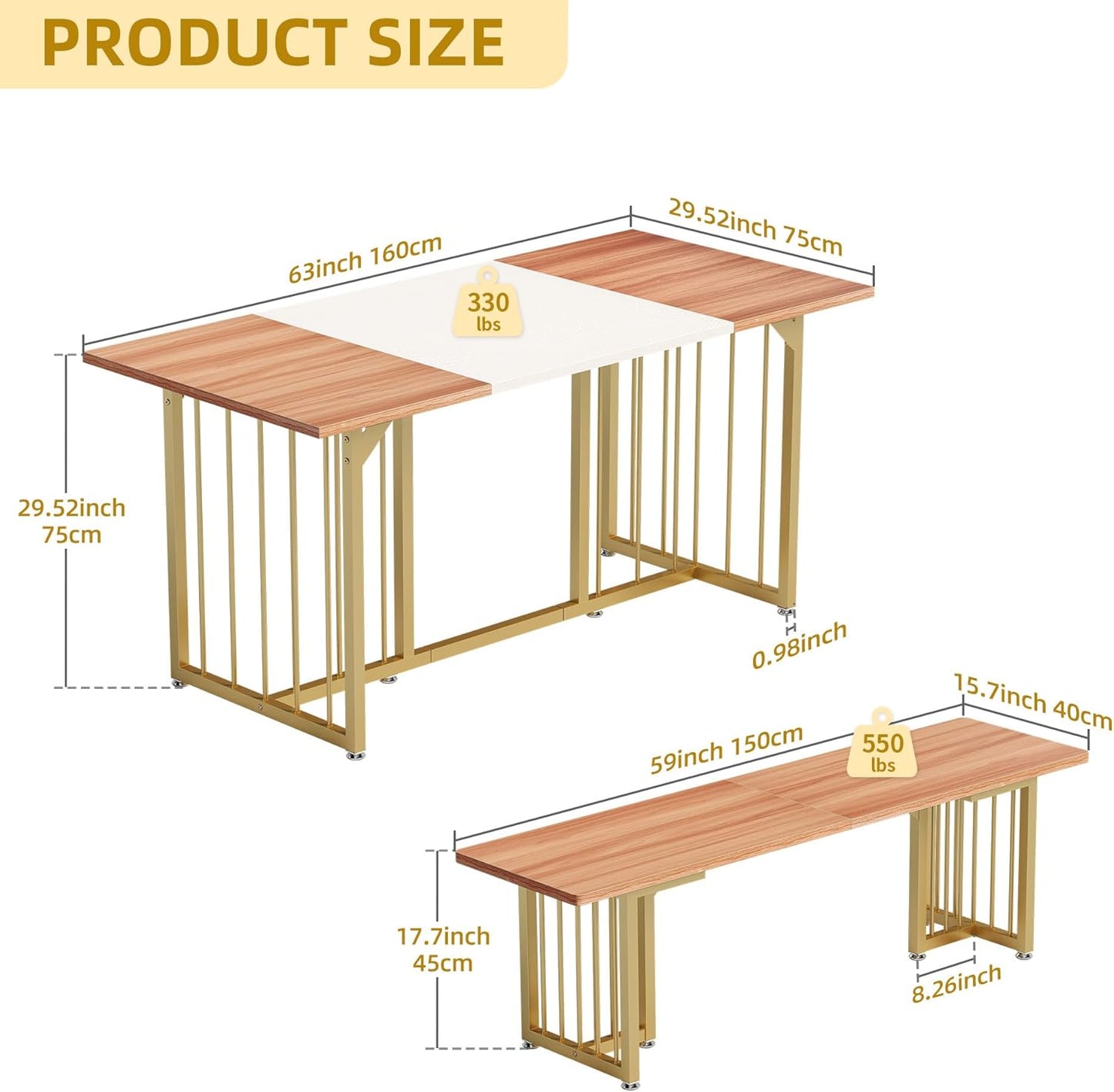 DWVO 3-Piece Dining Table Set for 6-8 People 63" Kitchen Table with 2 Benches Rectangular Farmhouse Dining Room Table Set for Home Kitchen Restaurant Apartment Walnut