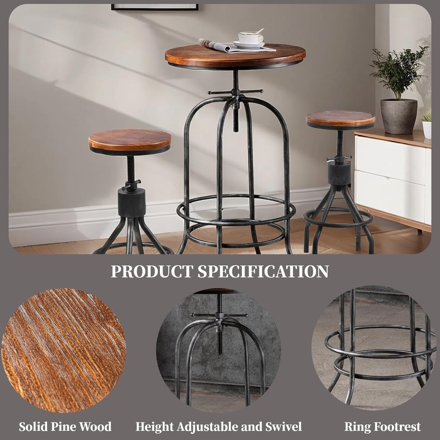 Rustic Bar Table Vintage Bistro Table Industrial Pub Table for Kitchen Coffee House Office Computer Desk Swivel Round Wooden Top 37.4-45.3inch Height Adjustable