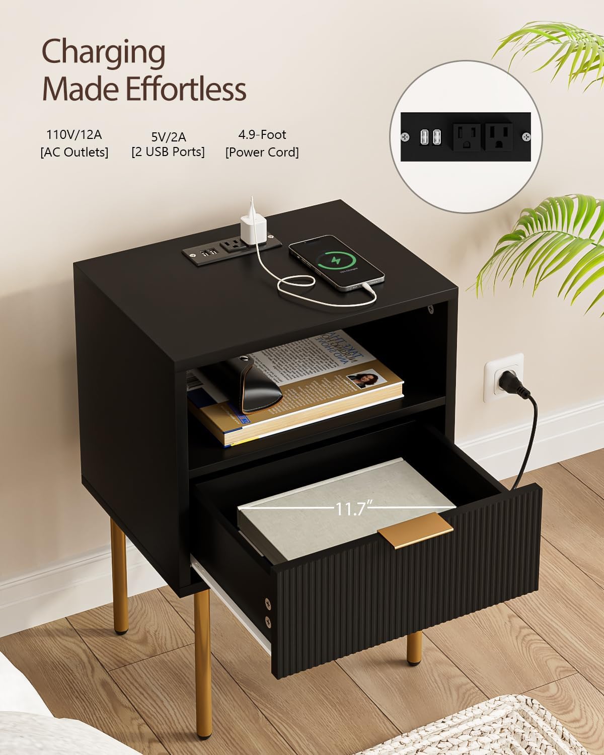 Nightstand,Small Bedside Table with Gold Frame,Morden Night Stand with 2 Drawer,End Table,Side Table with Drawer and Shelf for Bedroom,Living Room (Black-1Drawer-Outlet)