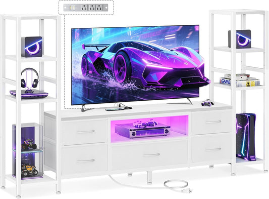 Casaottima 71" TV Stands for 43, 50, 55 Inch TV Entertainment Center with LED Lights and Power Outlets, TV Stand for Living Room with 5 Fabric Drawers & Shelf, TV Console Cabinet for Bedroom, White