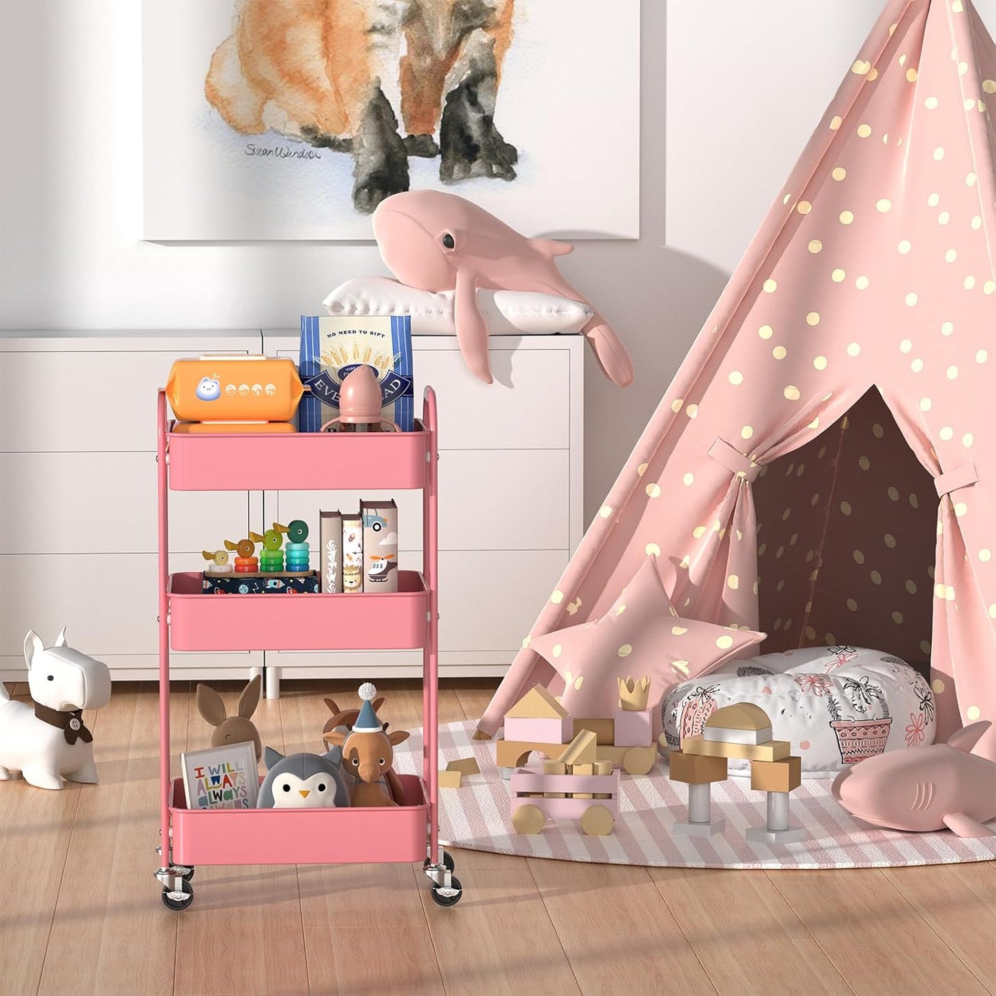 MAX Houser 3-Tier Rolling Utility Cart with Caster Wheels,Easy Assembly, for Kitchen, Bathroom (Pink)