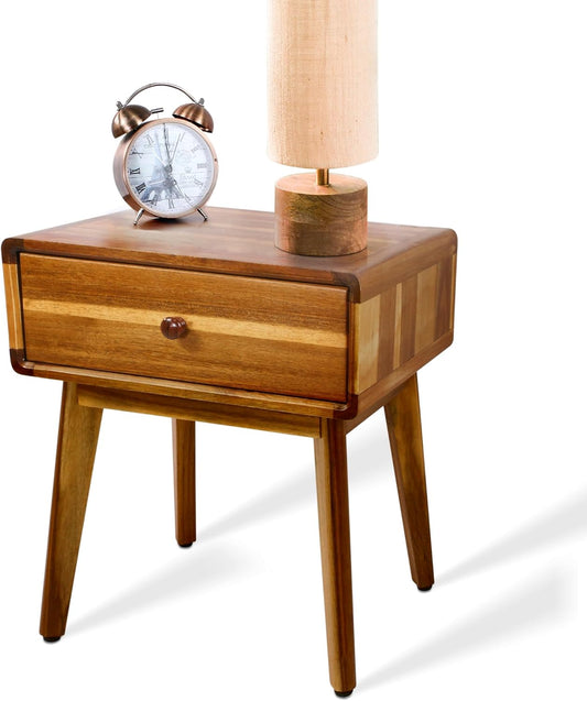 ENKEZI Small Mid Century Acacia Night Stand with Drawer Dresser, Handcrafted Small Nightstand, Space-Saving Bedroom Side Tables with Acrylic Coating, No Visible Nails