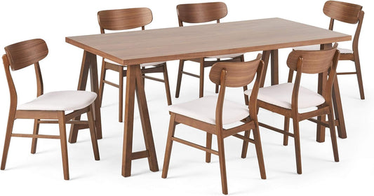 Christopher Knight Home Anthony Mid-Century Modern 7 Piece Dining Set, Light Beige and Walnut