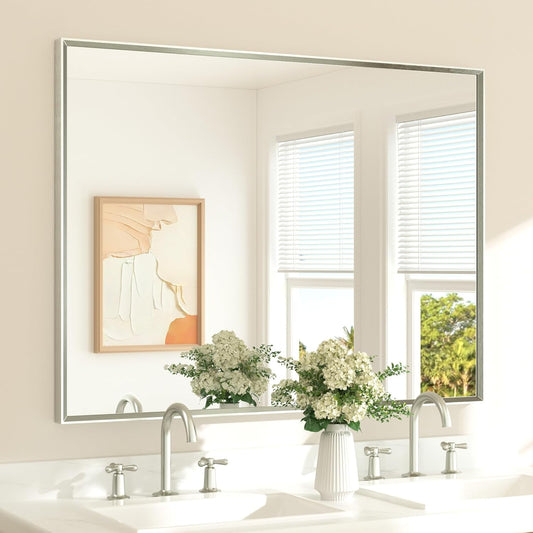 TETOTE Brushed Nickel Bathroom Vanity Mirror 48" x 36" Beveled Framed Bathroom Wall Mirror for Over Sink Brushed Nickel, Tempered Glass, Modern Farmhouse Bedroom, Entryway, Living Room