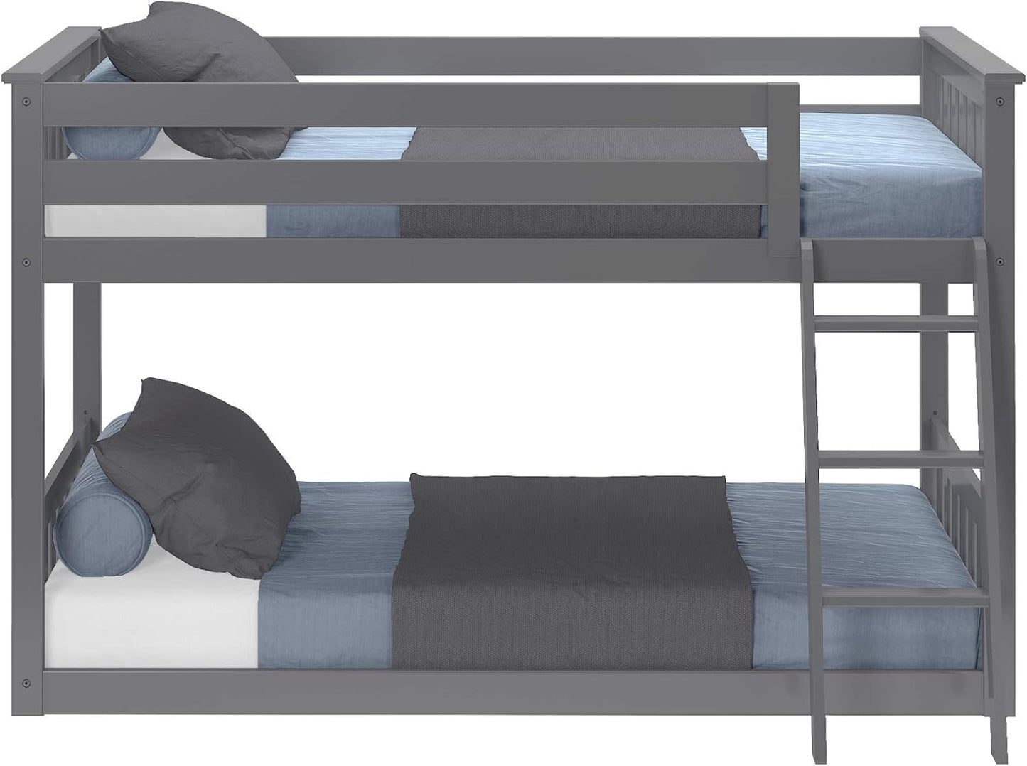 Max & Lily Twin Over Twin Low Bunk Bed with Ladder, Wooden Bunk beds with 14” Safety Guardrail for Kids,Toddlers, Boys, Girls, Teens, Bedroom Furniture, Grey