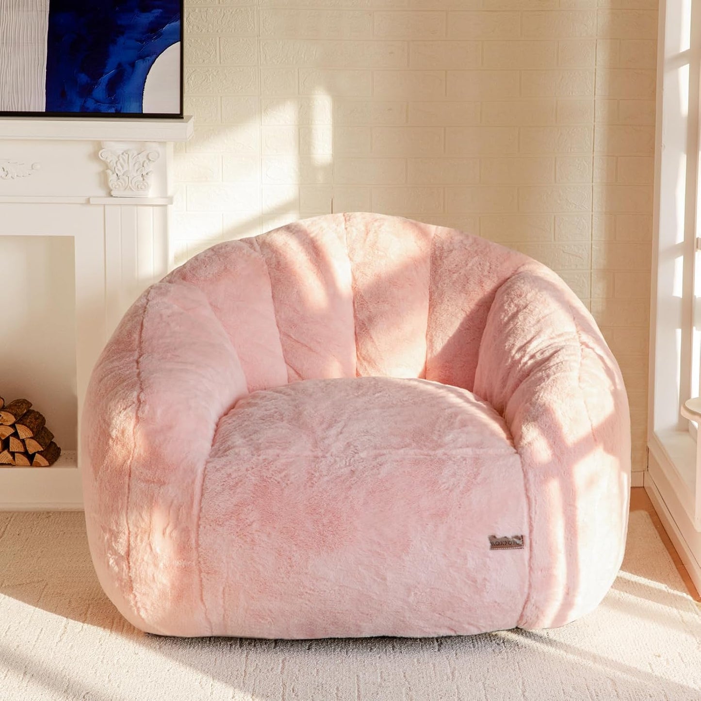 MAXYOYO Giant Bean Bag Chair, Oversized Bean Bag Couch for Adults and Kids, Faux Fur Shell-Shaped Large Chair with Filler, Stuffed Big Accent Sofa Lounge Floor Sofa for Gaming, Reading, Pink