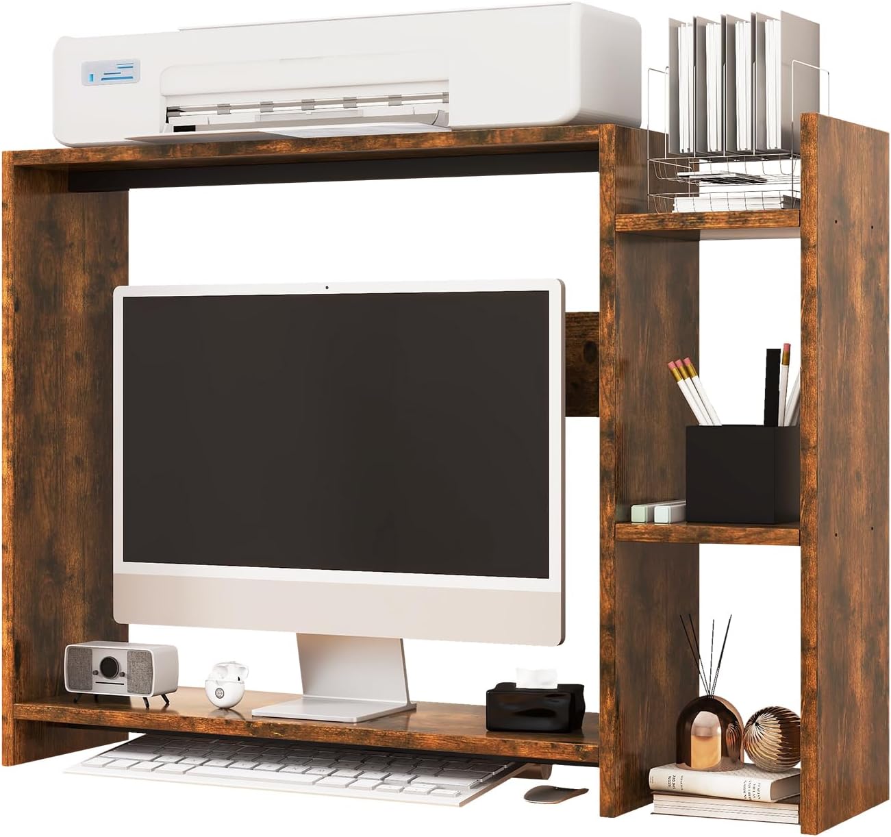 IBUYKE Desktop Bookshelf,36.8" Desktop Organizer Shelf,Wood Desk Hutch for Computer Monitor,Display Shelf for Office Home Dormitory,Brown TMZ008H