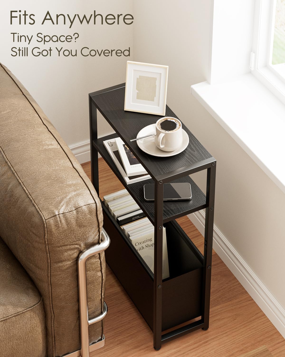 Narrow Side Table End Table, 3-Tier Side Table with Storage Bag, Narrow Nightstand for Small Spaces, Bedside Table for Living Room, Bedroom, Black