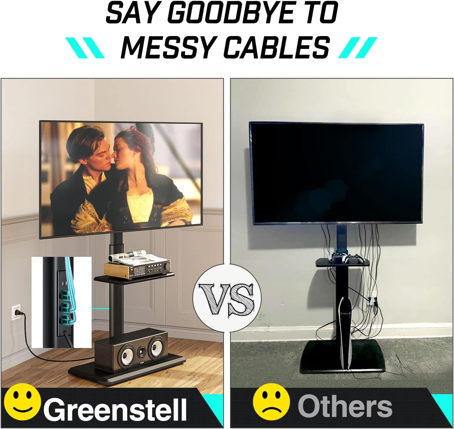 Greenstell TV Stand with Power Outlet & AV Shelf, Universal Floor TV Stand for 32-75 inch TV, Swivel Tall TV Mount Stand, Holds up to 110 LBs,Height Adjustable and Wood Base, Max VESA 600x400mm,Black