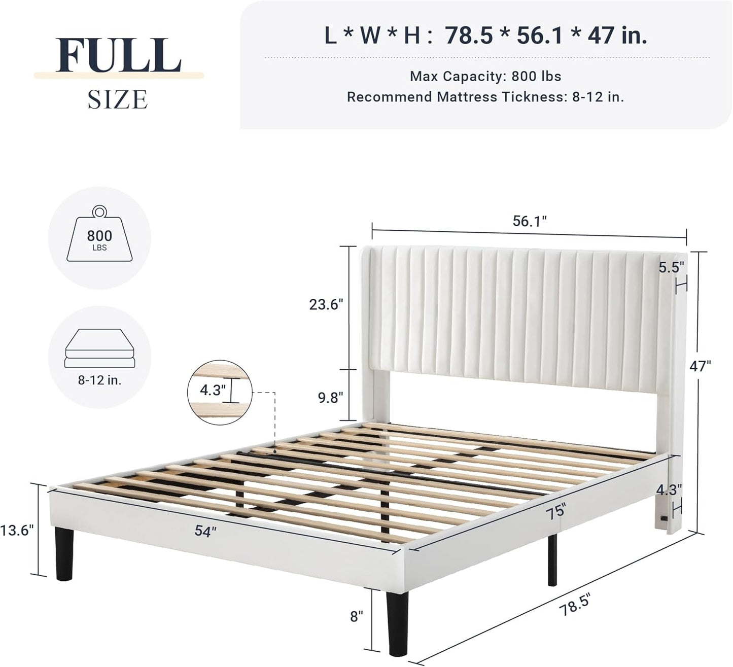 Allewie Full Size Velvet Bed Frame/Vertical Channel Tufted Wingback Headboard/Upholstered Platform Bed/Strong Wooden Slats/No Box Spring Needed/Easy Assembly/White