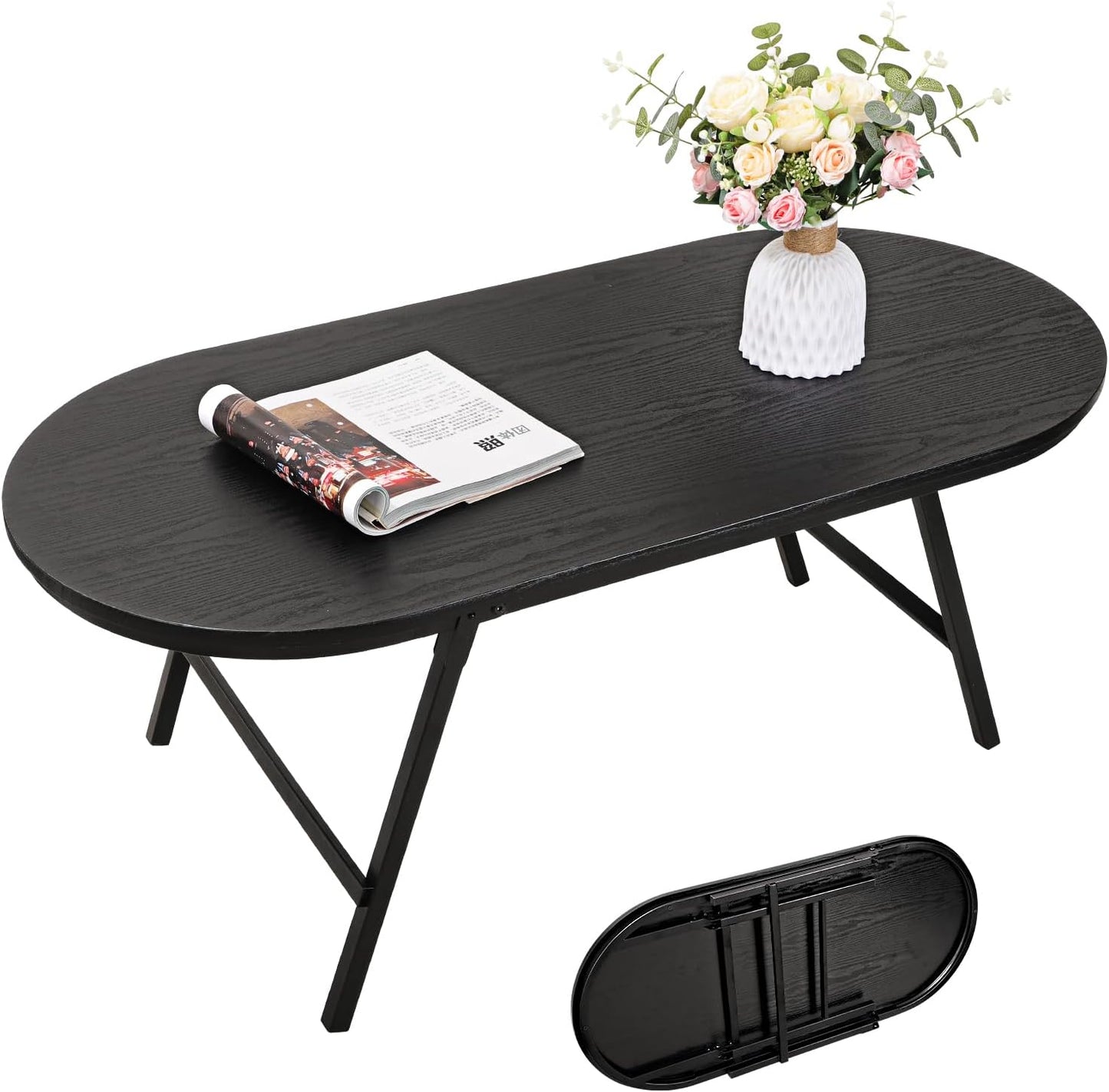 Black Small Coffee Table Wooden Oval Folding Low Coffee Tables with Metal Legs Portable Floor Table Desk for Living Room Small Spaces Apartment Oudoor Use