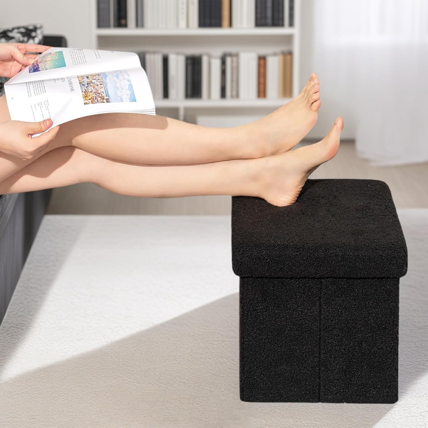 16.5 Folding Storage Ottoman Cube - Small Footrest with Sherpa Top, Multi-Functional Storage for Bedroom, Living Room, Black