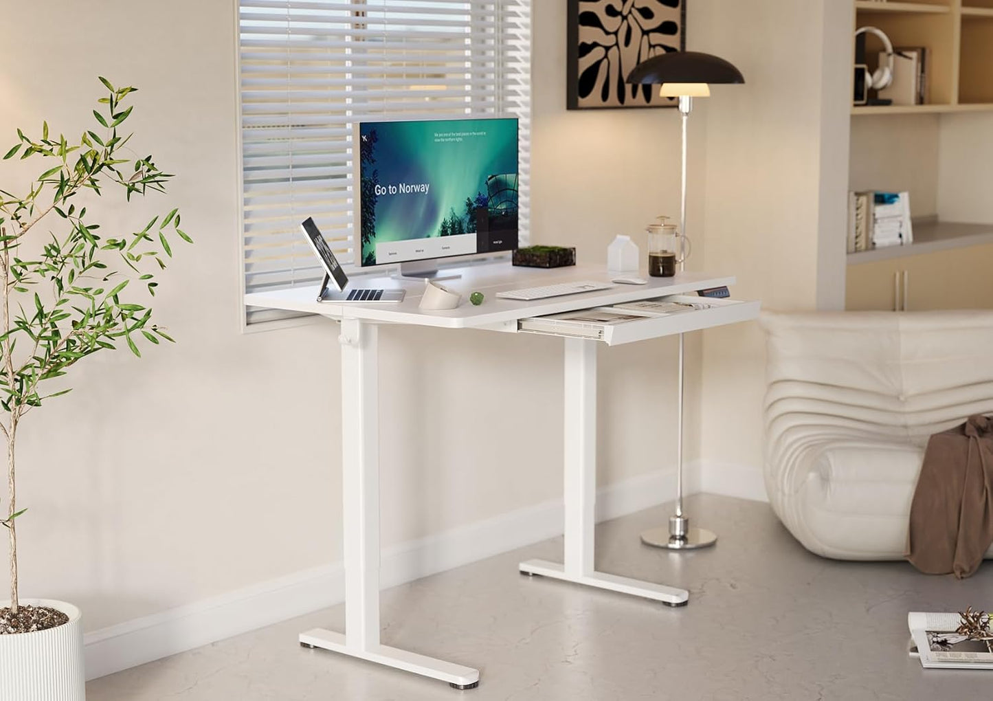 YDN Standing Desk with Drawers, 48 x 24 Inch Electric Adjustable Height Stand Up Desk, Sit Stand for Home Office, White