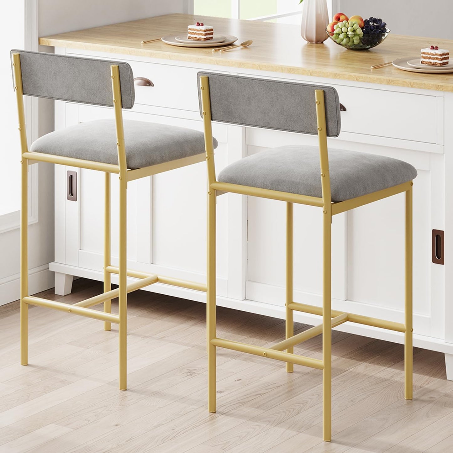 GarveeHome Bar Stools Set of 2, Upholstered Counter Height Bar Stools with Backrest and Footrest, Kitchen Barstools for Island, Counter Bar, Easy Assembly, Gold-Gray