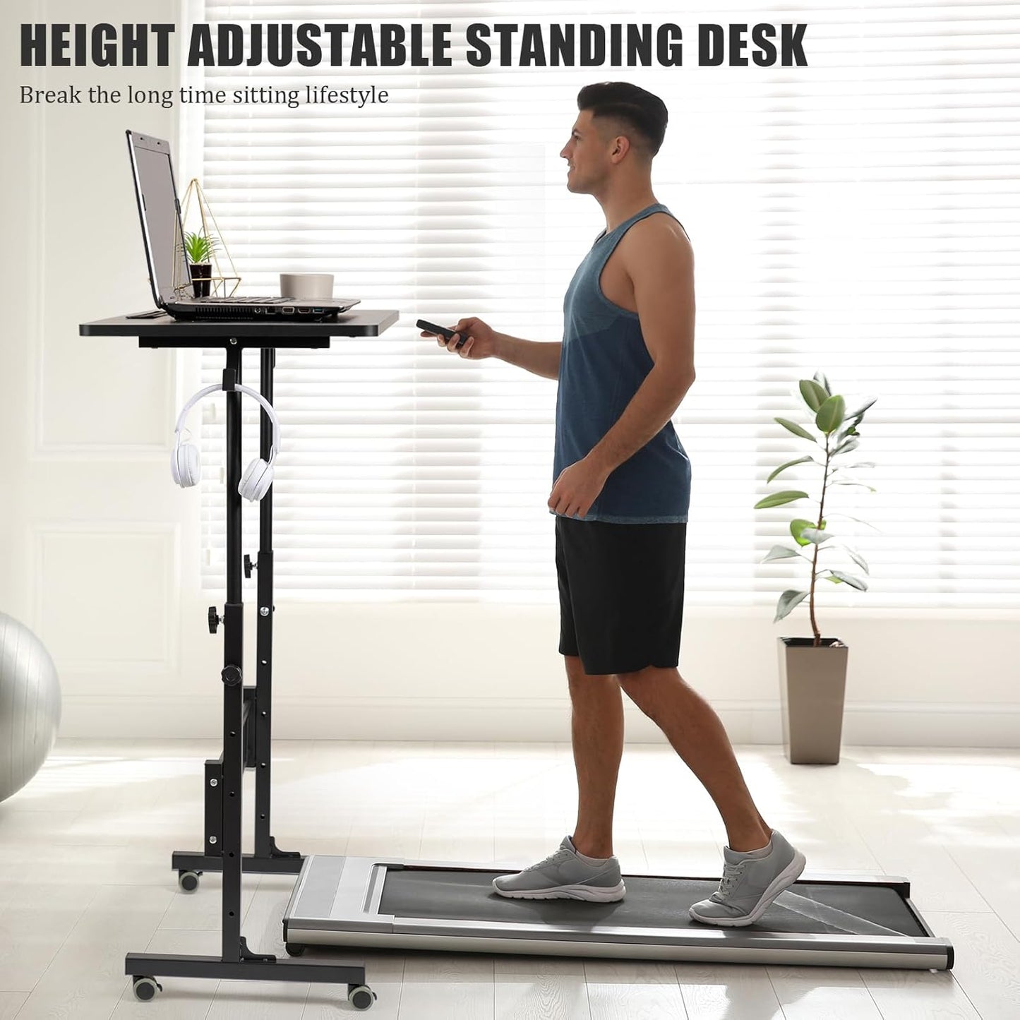 SIDUCAL Standing Desk Adjustable Height, Small Mobile Table with Wheels, Rolling Desk for Standing or Sitting, Portable Computer Desk for Walking Pad, Black
