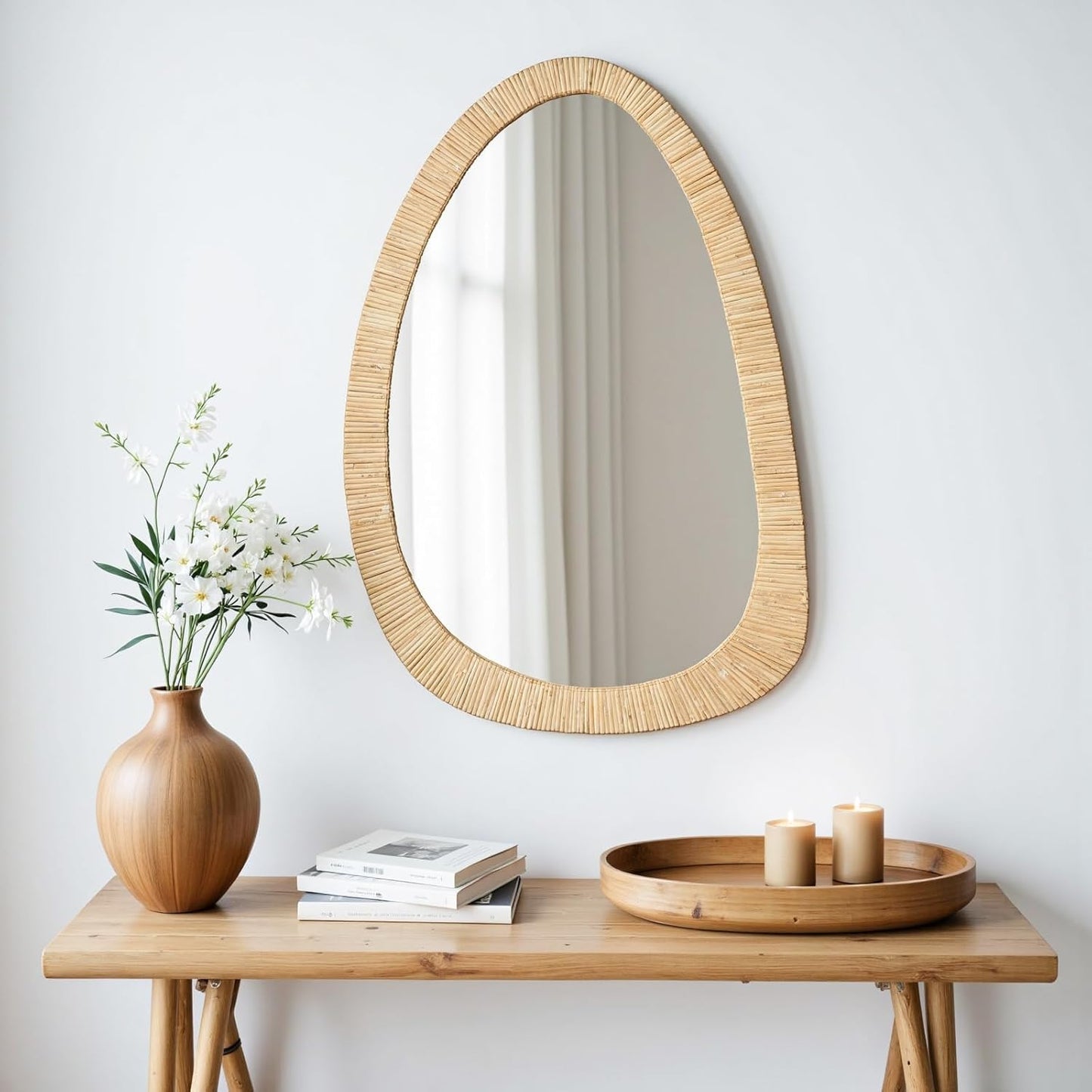H HOMEWINS Rattan Mirror for Wall,30'' x 20" Wooden Framed Farmhouse Boho Wicker Coastal Irregular Vanity Mirror for Bathroom Living Room Entryway