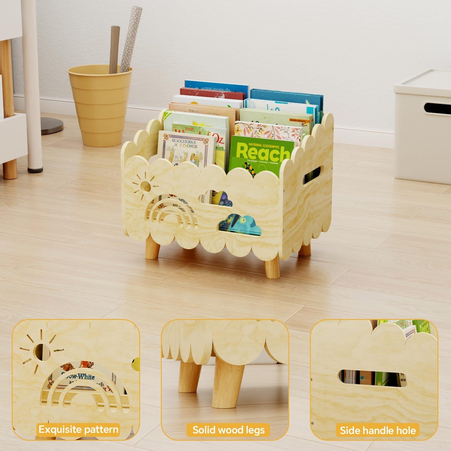 Wood Kids Bookshelf, Montessori Bookshelf, With 2 Adjustable Dividers, Suitable Kids Rooms, Nursery & Classroom, Kids Bookshelf And Toy Storage, Toddler Book Rack, Nursery Book Shelves, Kids Bookcase