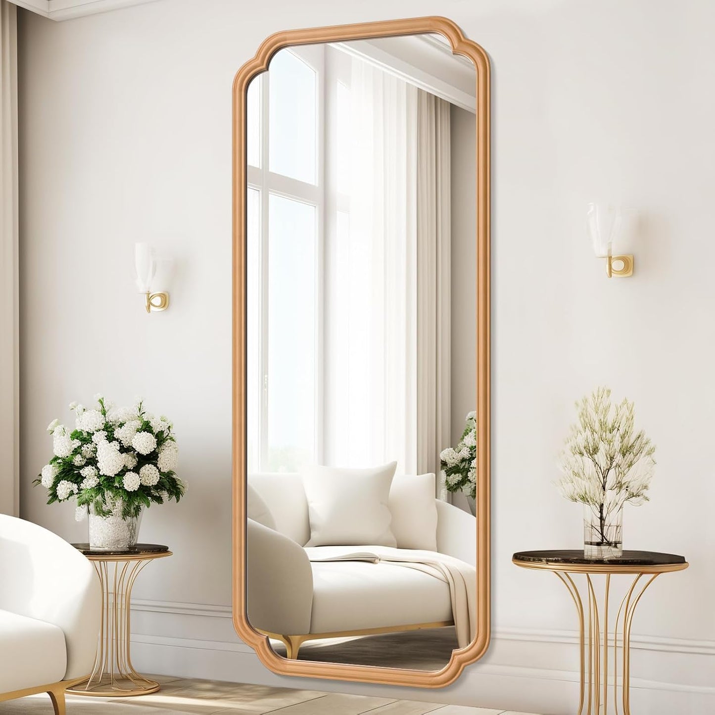 Natural Wood Framed Bathroom Mirror for Wall, 60X24 Inch Wood Bathroom Vanity Mirror Farmhouse, Large Rounded Rectangle Mirror, Tempered Glass, Hangs Horizontally or Vertically