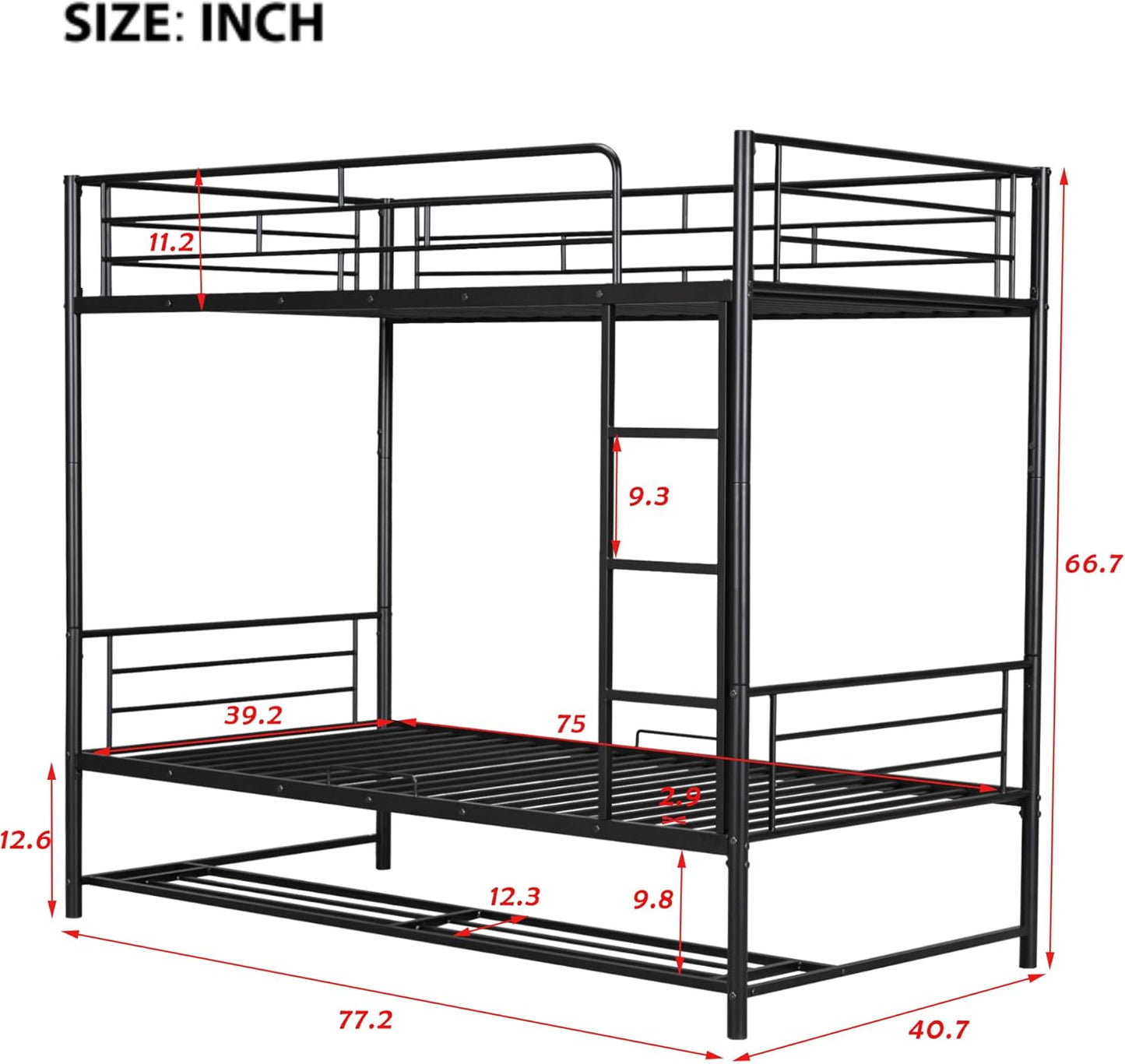 Twin Over Twin Metal Bunk Bed with Shelf and Guardrails, Heavy-Duty Steel Bed Frame,Built-in Ladder,Can Be Divided into 2 Separate Beds,for Kids Teens Adults,Black