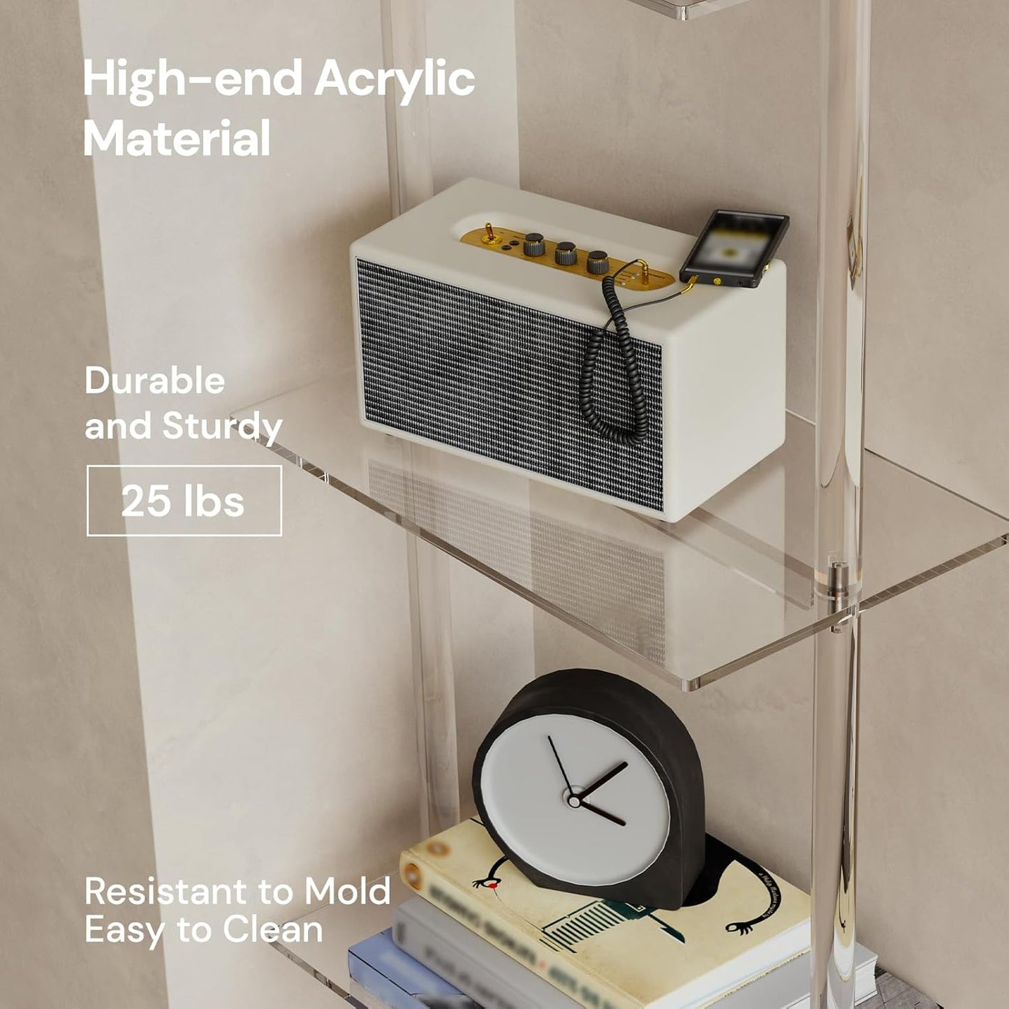 Small Acrylic Ladder Bookshelf, 9.5" D x 15.6" W, 6-Tier Clear Wall Mounted Book Shelf for Small Spaces, Multipurpose Bookcase for Living Room, Bathroom, Office, Modern, 86" H