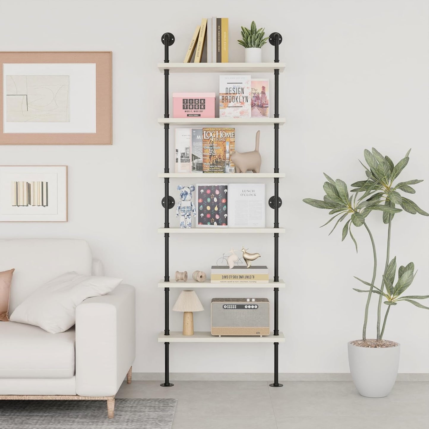 Pipe Shelves, Wall Mounted Wood Metal Industrial Shelves, Ladder Bookshelf for Living Room (White, 10" D x 30" W x 82.5" H)