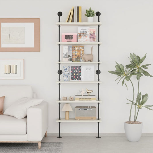 Pipe Shelves, Wall Mounted Wood Metal Industrial Shelves, Ladder Bookshelf for Living Room (White, 10" D x 30" W x 82.5" H)