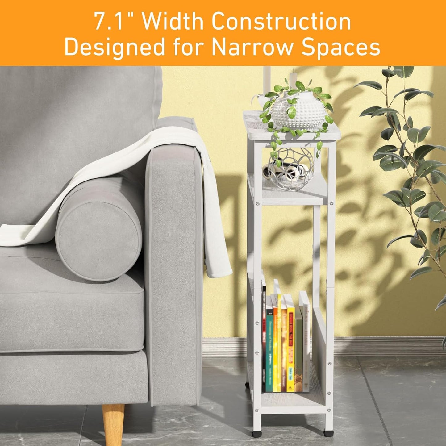 7.1" Narrow Side Table for Small Spaces, 3 Tier Small End Table with Magazine Holder, Slim/Skinny Nightstand/Bedside Table for Living Room, Bedroom, 15.4" L x 24.2" H, White