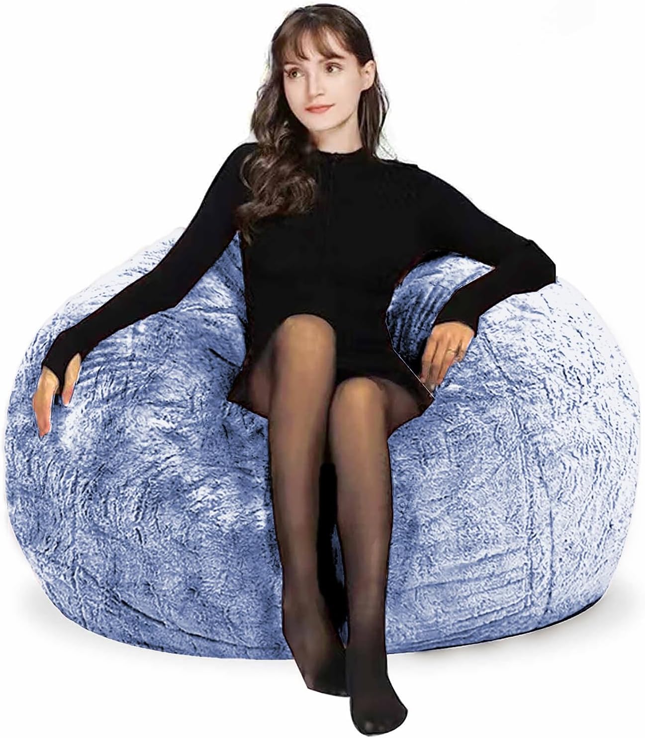 Bean Bag Chairs for Kids Comfy Fluffy Big Joe Bean Bag Chair Cover Without Filler Round Sofa Chairs for Bedroom Living Room Decor, 5FT, Silver Blue