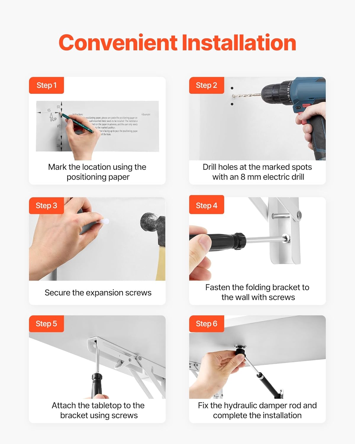 VEVOR Wall Mounted Folding Table, 43.3 x 18 inches Wall Mount Table, Floating Desk with Iron Bracket, Fold Down Desk for Small Spaces, Home Office, Dining, Laundry Room, Kitchen, Bar, White