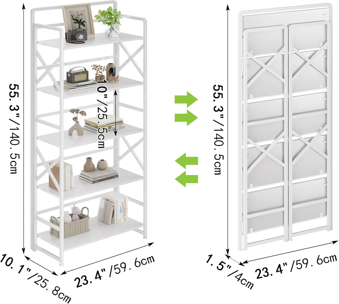 No Assembly Folding Bookshelf, 5 Tiers Vintage Wood Collapsible Book Shelf for Storage,Industrial Metal Foldable Bookcase Organizer for Living Room Bedroom Home Office (White)