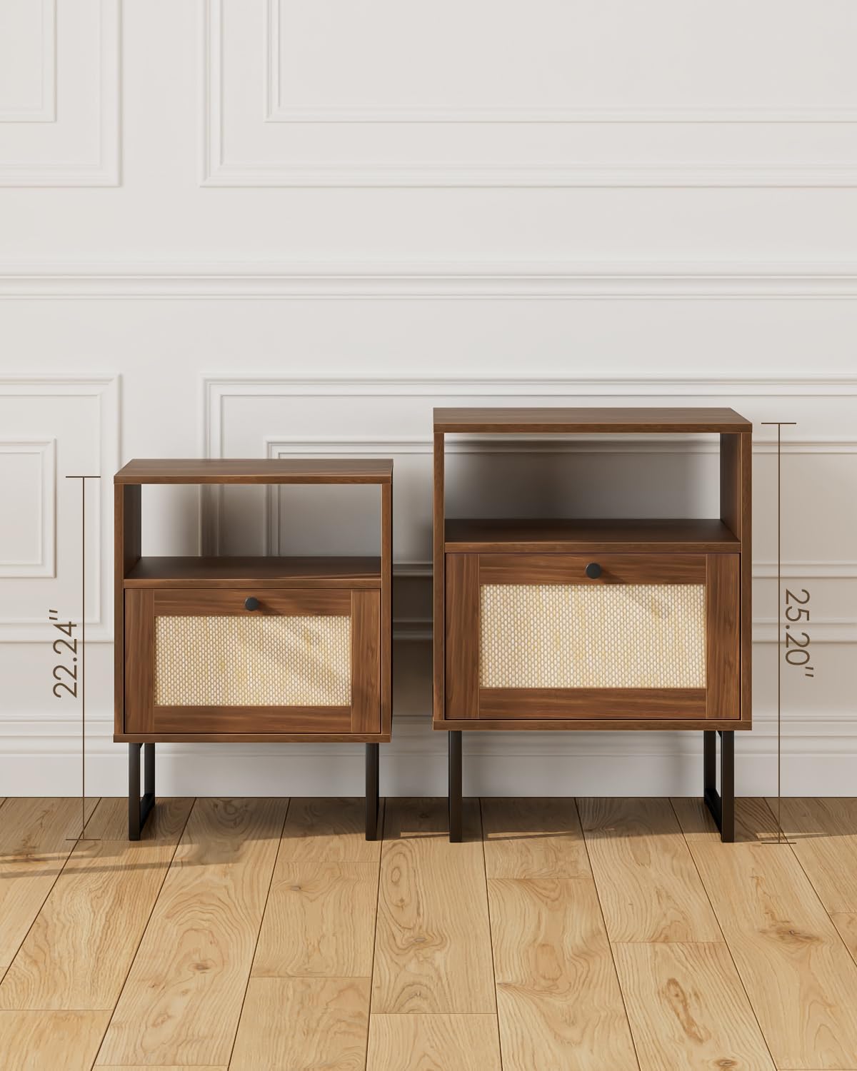 Masupu Rattan Nightstand,Modern Boho Farmhouse Wood Bedside Table with Storage Drawer and Open Shelf,Small Black Frame Side End Table for Bedroom,Living Room,Office (Walnut)